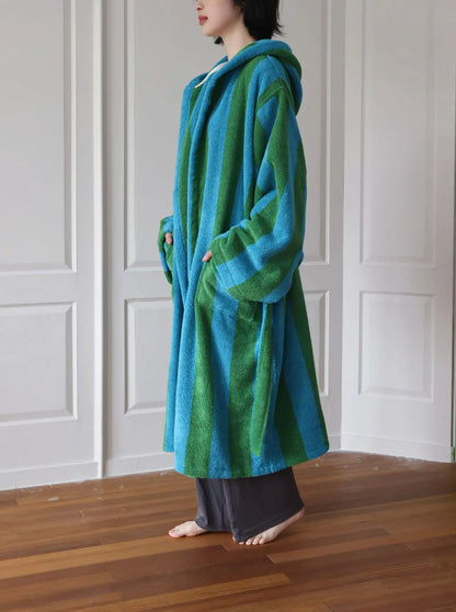 Plush Bold Striped Cotton Hooded Robe