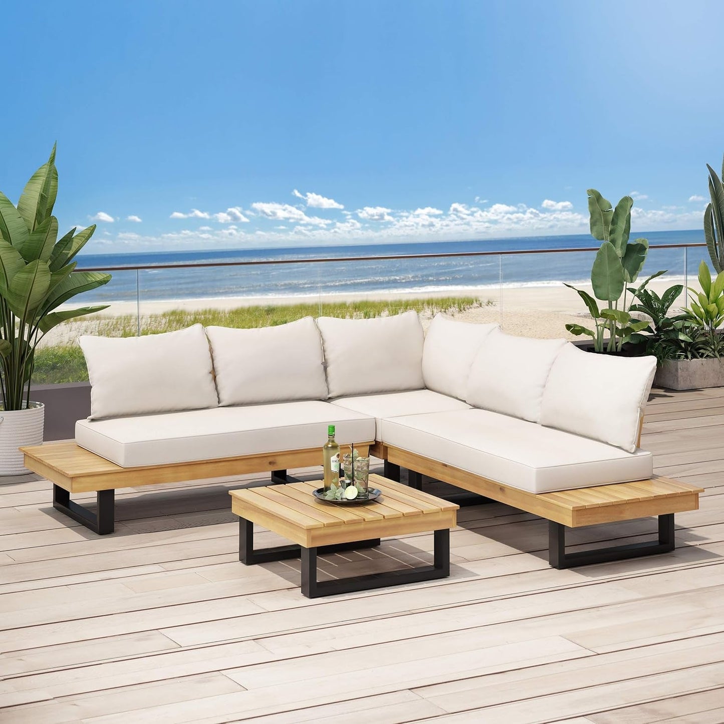 Christopher Knight Home Jerome Outdoor Acacia Wood 5 Seater Sofa Sectional, Teak and Beige Lawn & Garden Patio Patio Furniture & Accessories Patio Seating Sofas