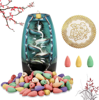 Ceramic Backflow Incense Holder, Waterfall Incense Burner with 120 Incense Cones & 1 Mat Aromatherapy Ornament Home Decor for Home Office Yoga Home & Kitchen Home Décor Products Home Fragrance Incense & Incense Holders Incense Holders