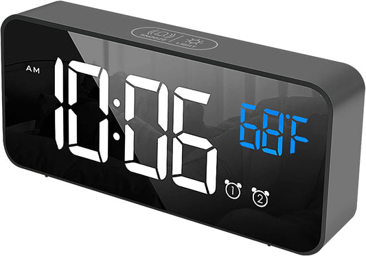 Digital Alarm Clock for Bedroom, Heavy Sleepers, LED Large Number Mirror Display with USB Charger, Loud Dual Alarm Clock with Snooze, Easy to Set, Adjustable Brightness