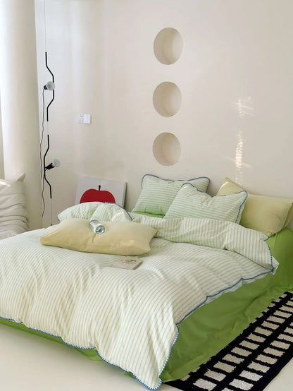 Soft Scalloped Striped Cotton Bedding Set