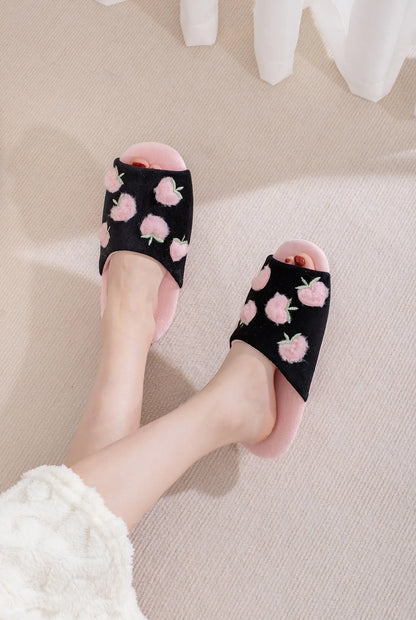 Fuzzy Peach Embroidered Plush Fleece Slides
