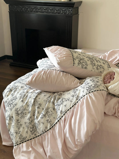 Ruffled Botanical Toile Washed Cotton Bedding Set