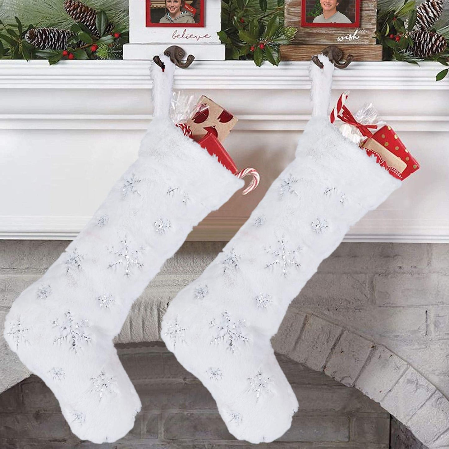 Christmas Stockings, 2 Pcs 18 Inches Large Snowy Luxury Hanging White Faux Fur Christmas Stocking for Family Holiday Party Christmas Fireplace Decorations (White) Home & Kitchen Seasonal Décor Stockings Stockings & Holders