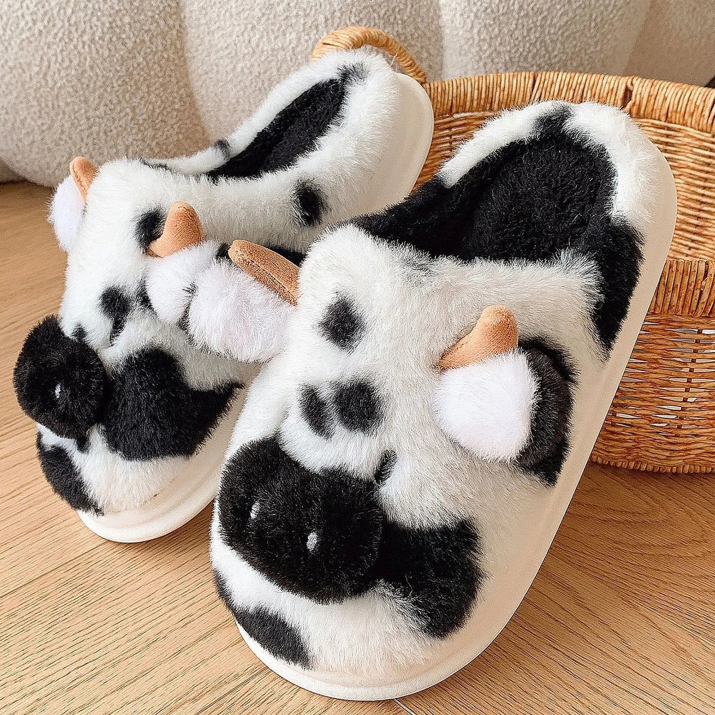 Fuzzy Cow Print Plush House Slippers