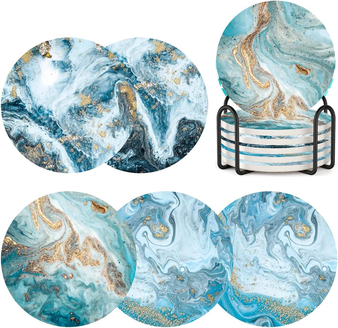 Coasters for Drinks with Holder Set of 6,Marble Blue Ocean Style Absorbent Ceramic Coasters with Cork Base,No Scratched and Soiled Bar Tools Bar Tools & Drinkware Coasters Dining & Entertaining Home & Kitchen Kitchen & Dining