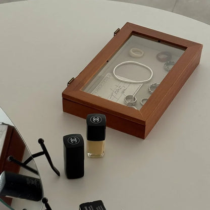 Minimalist Glass Lid Wood Jewelry Organizer