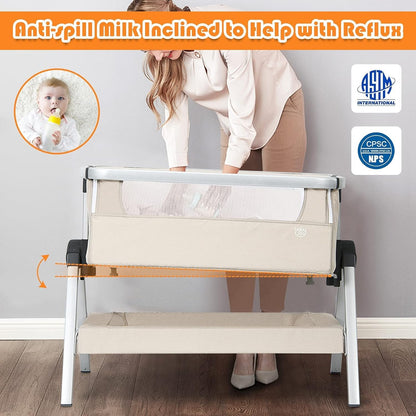 BABY JOY Baby Bassinet, Portable Bassinet Bedside Sleeper W/Mattress, Carrying Bag, Storage, Mesh, Built-In Wheel, Adjustable Height/Angle, Folding Crib for Newborn Infant, Bedside Bassinet, Beige Baby Products Bassinets Bedside Cribs Furniture Infant & Toddler Beds Nursery