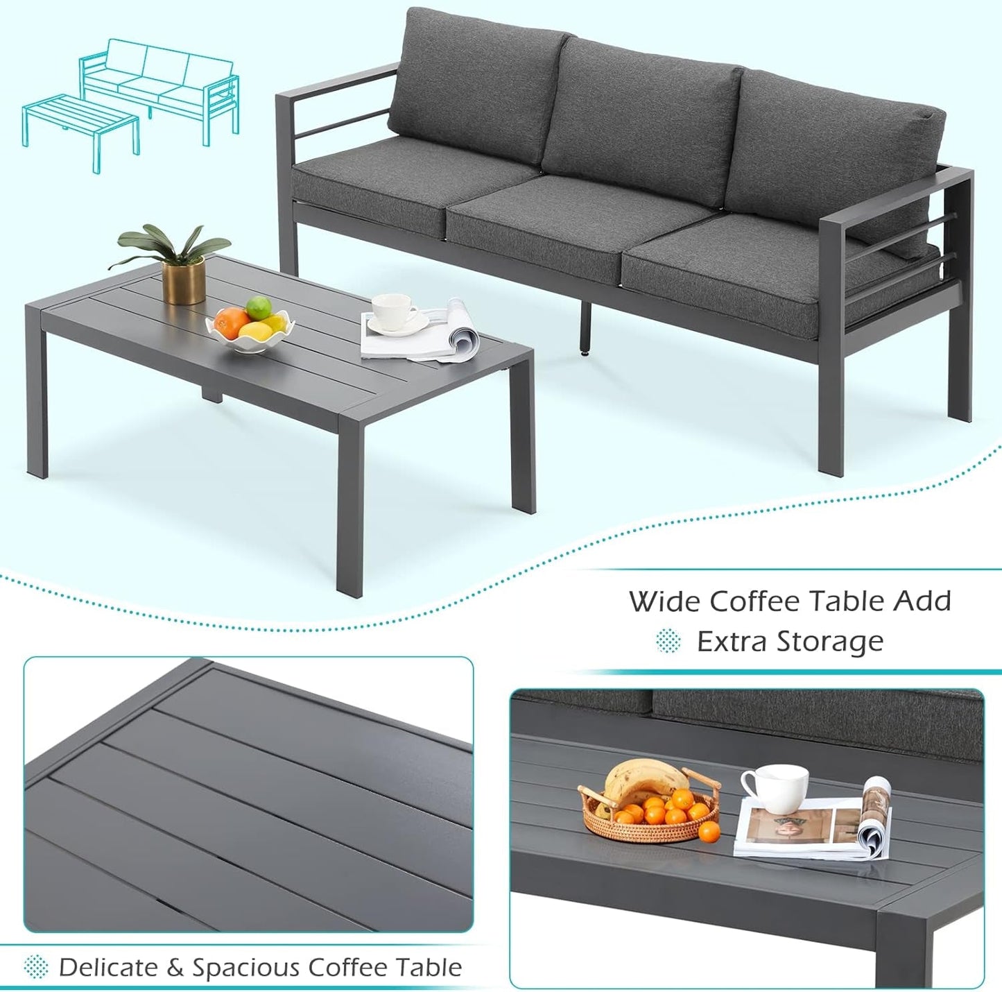 AECOJOY Aluminum Modern Patio Furniture with Coffee Table, 7 Pieces Outdoor Conversation Set with Dark Grey Cushions for Balcony, Porch, Lawn and More Conversation Sets Lawn & Garden Patio Patio Furniture & Accessories Patio Furniture Sets