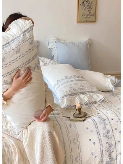 Ruffled Floral Vine Embroidered Cotton Bedding Set