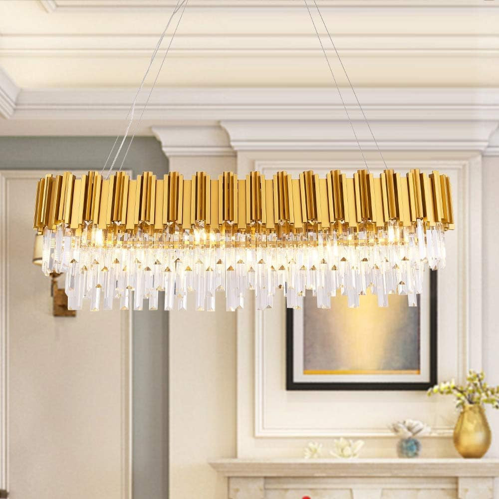 Modern K9 Crystal Chandelier Pendant Light Fixture, Rectangular Ceiling Lamp with 8-Lights for Dining Room & Kitchen, Finished in Chrome, L33.5 Inch Ceiling Lights Chandeliers Lighting & Ceiling Fans Tools & Home Improvement