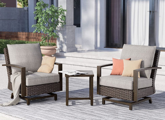 Grand Patio Outdoor 3-Piece Aluminum Conversation Furniture Sofa Set PE Wicker Stationary Rockers with Wood Grain Finish and Coffee Table, Removable Olefin Cushion Dark Brown Conversation Sets Lawn & Garden Patio Patio Furniture & Accessories Patio Furniture Sets