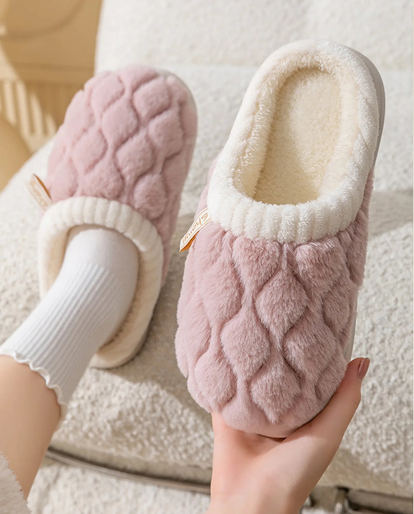 Plush Diamond Quilted Cotton House Slippers