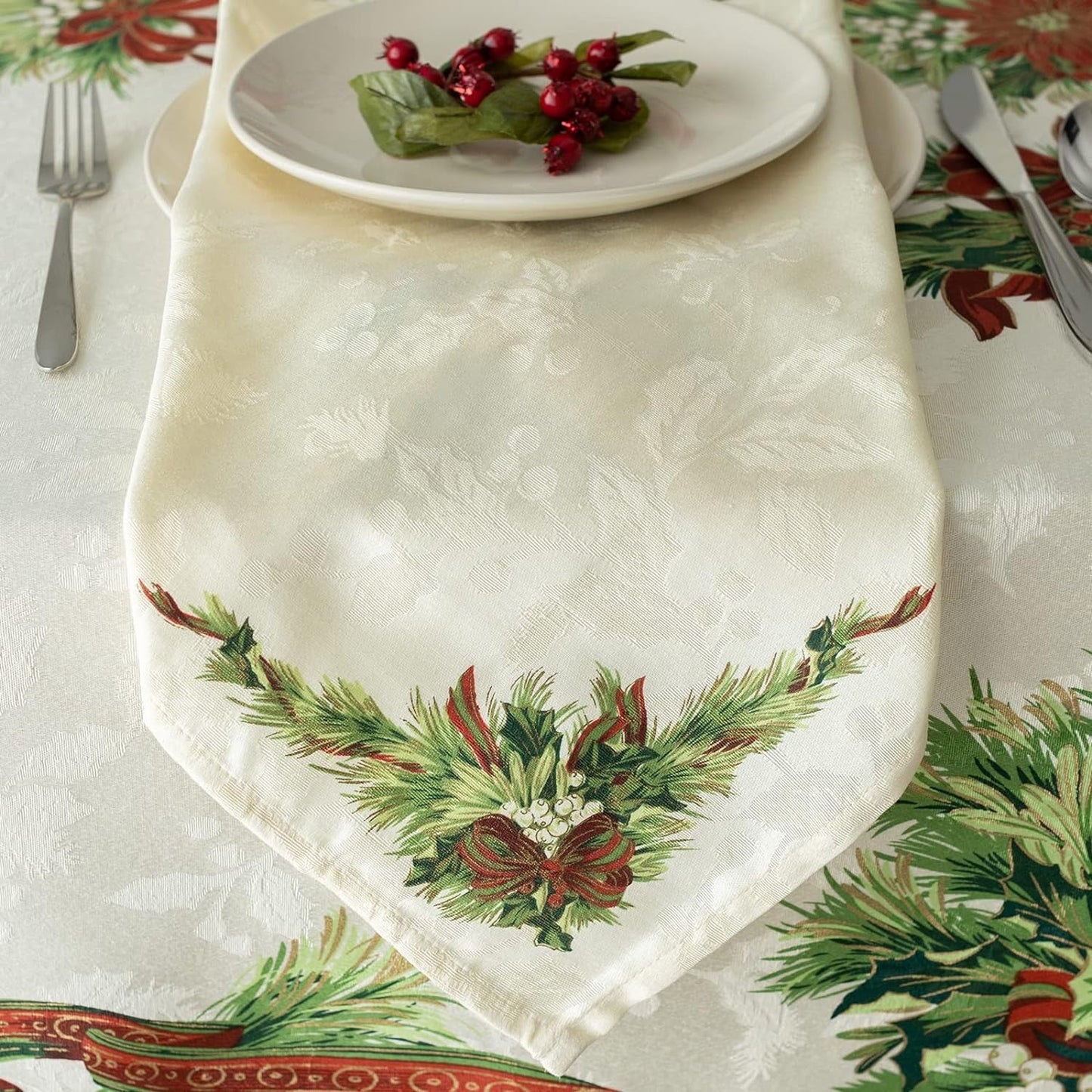 Benson Mills Christmas Ribbons Engineered Printed Fabric Cloth Napkins for Christmas, Winter, and Holiday Tablecloths (19" X 19" Napkins Set of 4, Xmas Ribbons)