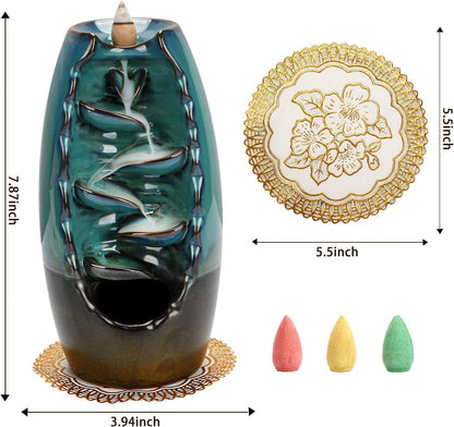 Ceramic Backflow Incense Holder, Waterfall Incense Burner with 120 Incense Cones & 1 Mat Aromatherapy Ornament Home Decor for Home Office Yoga Home & Kitchen Home Décor Products Home Fragrance Incense & Incense Holders Incense Holders