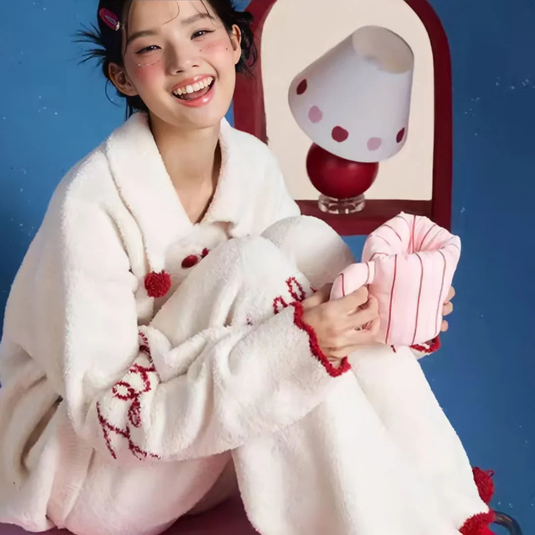 Plush Embroidered Pom-Pom Fleece Pajama Set
