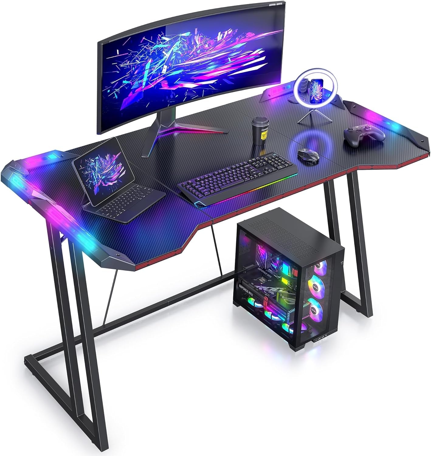 Cubicubi Simple Gaming Desk Z Shaped 47 Inch Gamer Workstation, Home Computer Carbon Fiber Surface Gaming Desk PC Table with Headphone Hook Furniture Home & Kitchen Home Office Desks Home Office Furniture