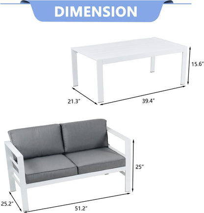 2PCS Outdoor Patio Aluminum Furniture Loveseat with Table, All-Weather Modern Metal Aluminum Conversation White and Grey Outdoor Patio 2 Seats Sofa Furniture Sets for Balconies Backyard Conversation Sets Lawn & Garden Patio Patio Furniture & Accessories Patio Furniture Sets