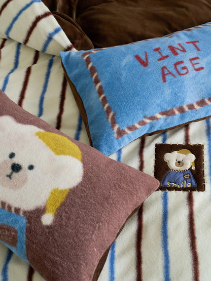 Plush Cartoon Striped Flannel Fleece Bedding Set