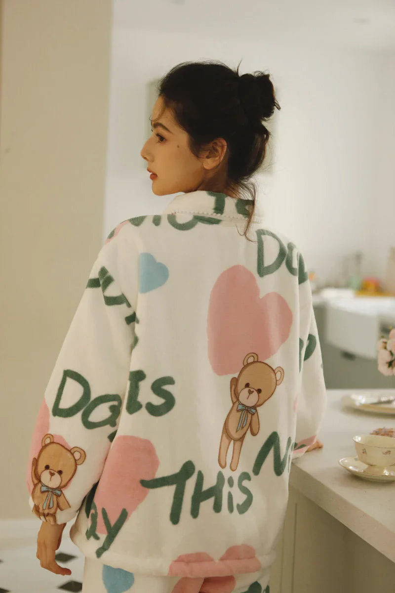 Plush Fuzzy Teddy Bear & Heart Print Flannel Fleece Pajama