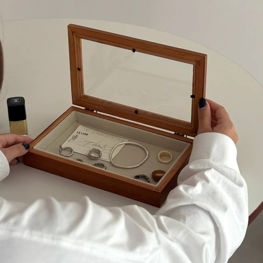 Minimalist Glass Lid Wood Jewelry Organizer