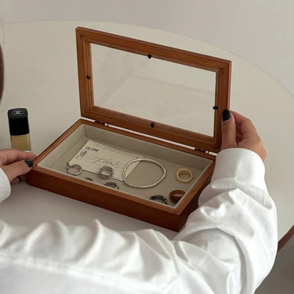 Minimalist Glass Lid Wood Jewelry Organizer