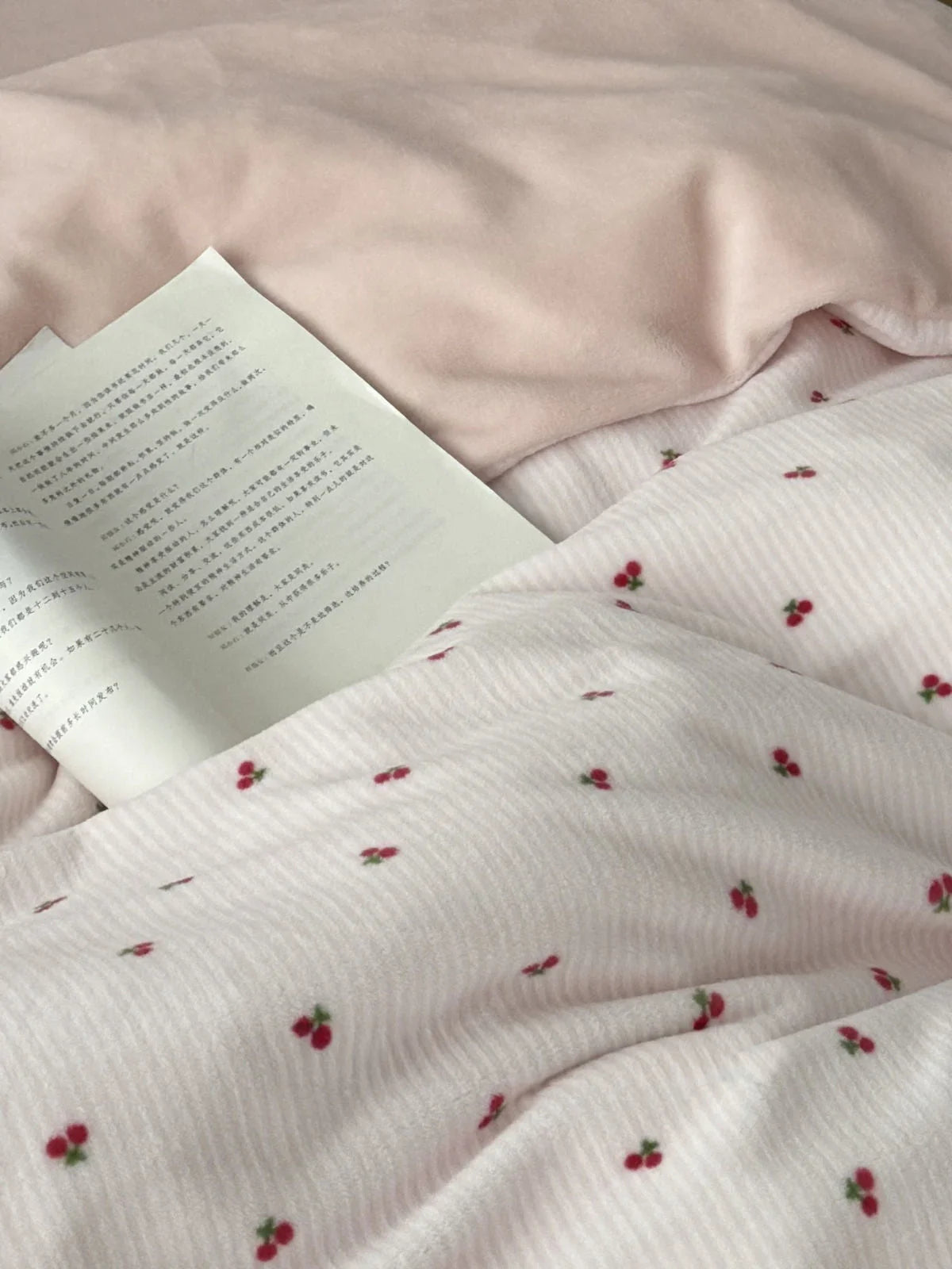 Plush Embroidered Cherry Flannel Fleece Bedding Set