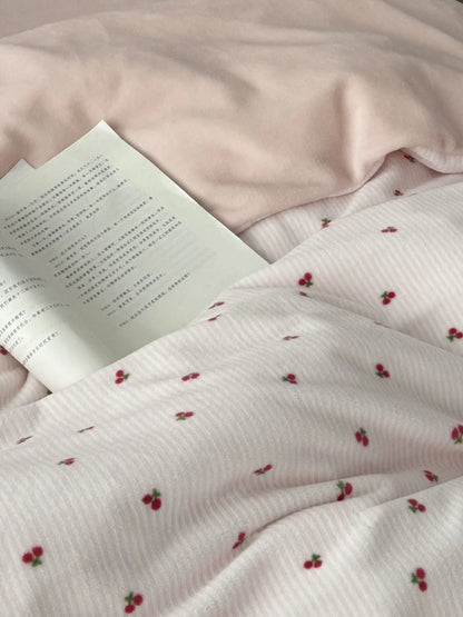 Plush Embroidered Cherry Flannel Fleece Bedding Set