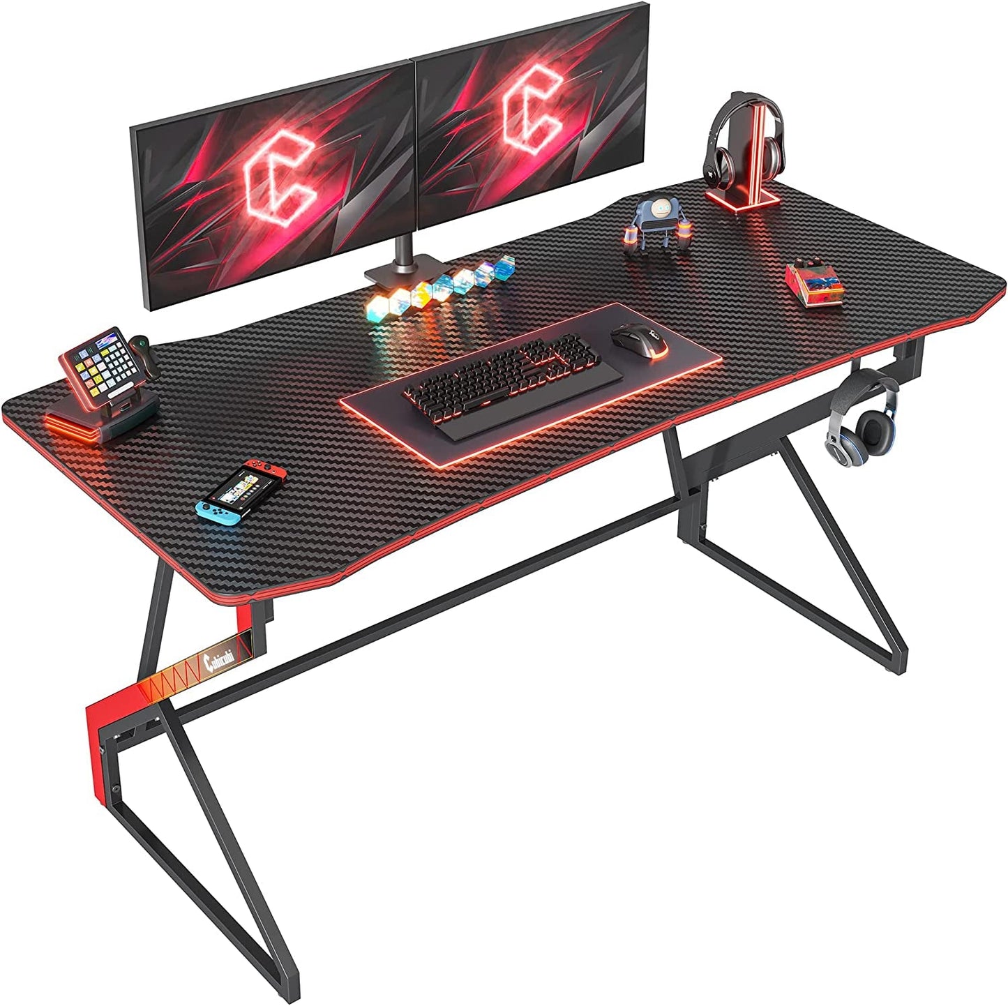 Cubicubi Simple Gaming Desk Z Shaped 47 Inch Gamer Workstation, Home Computer Carbon Fiber Surface Gaming Desk PC Table with Headphone Hook Furniture Home & Kitchen Home Office Desks Home Office Furniture