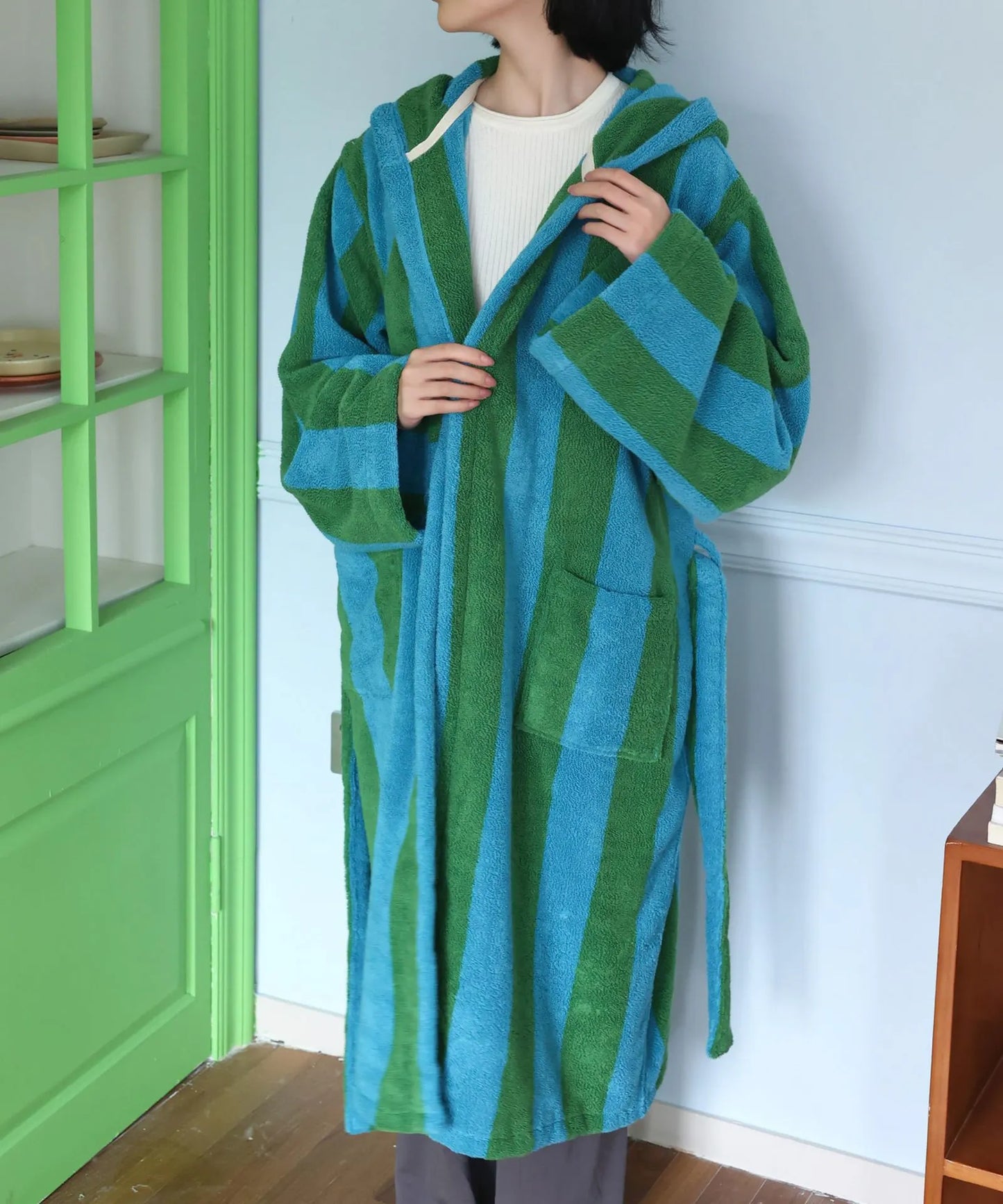 Plush Bold Striped Cotton Hooded Robe