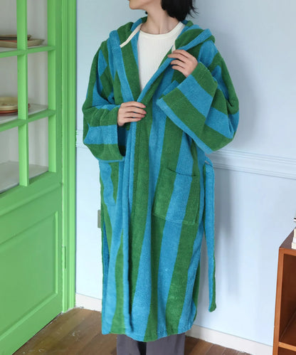 Plush Bold Striped Cotton Hooded Robe