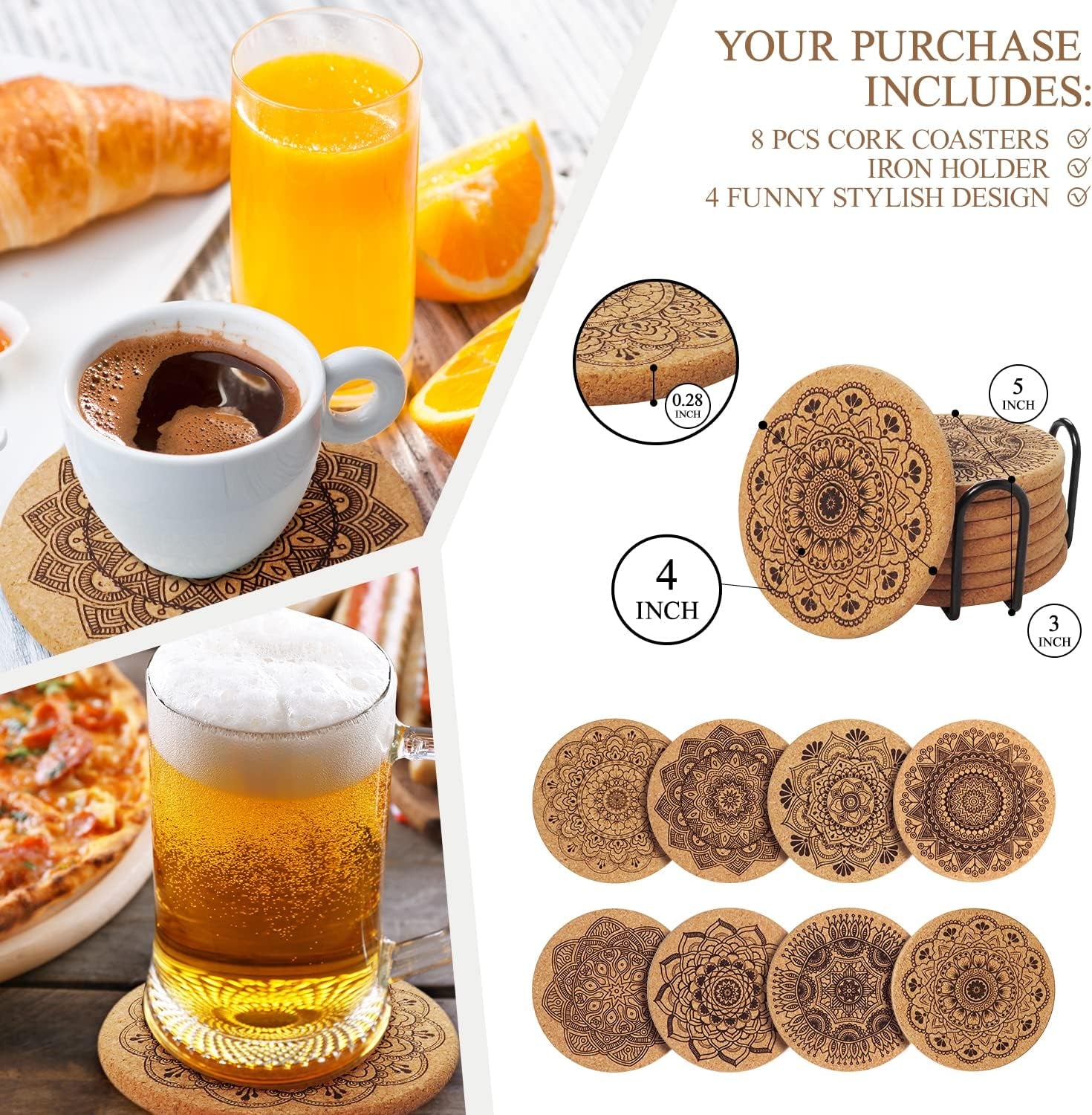 Coomin Cork Coasters, 8 Pcs Extra Thick Cork Coasters with Holder, Farmhouse Coasters for Coffee Table, Wooden Table, Heat-Resistant Coasters for Drinks Bar Tools Bar Tools & Drinkware Coasters Dining & Entertaining Home & Kitchen Kitchen & Dining