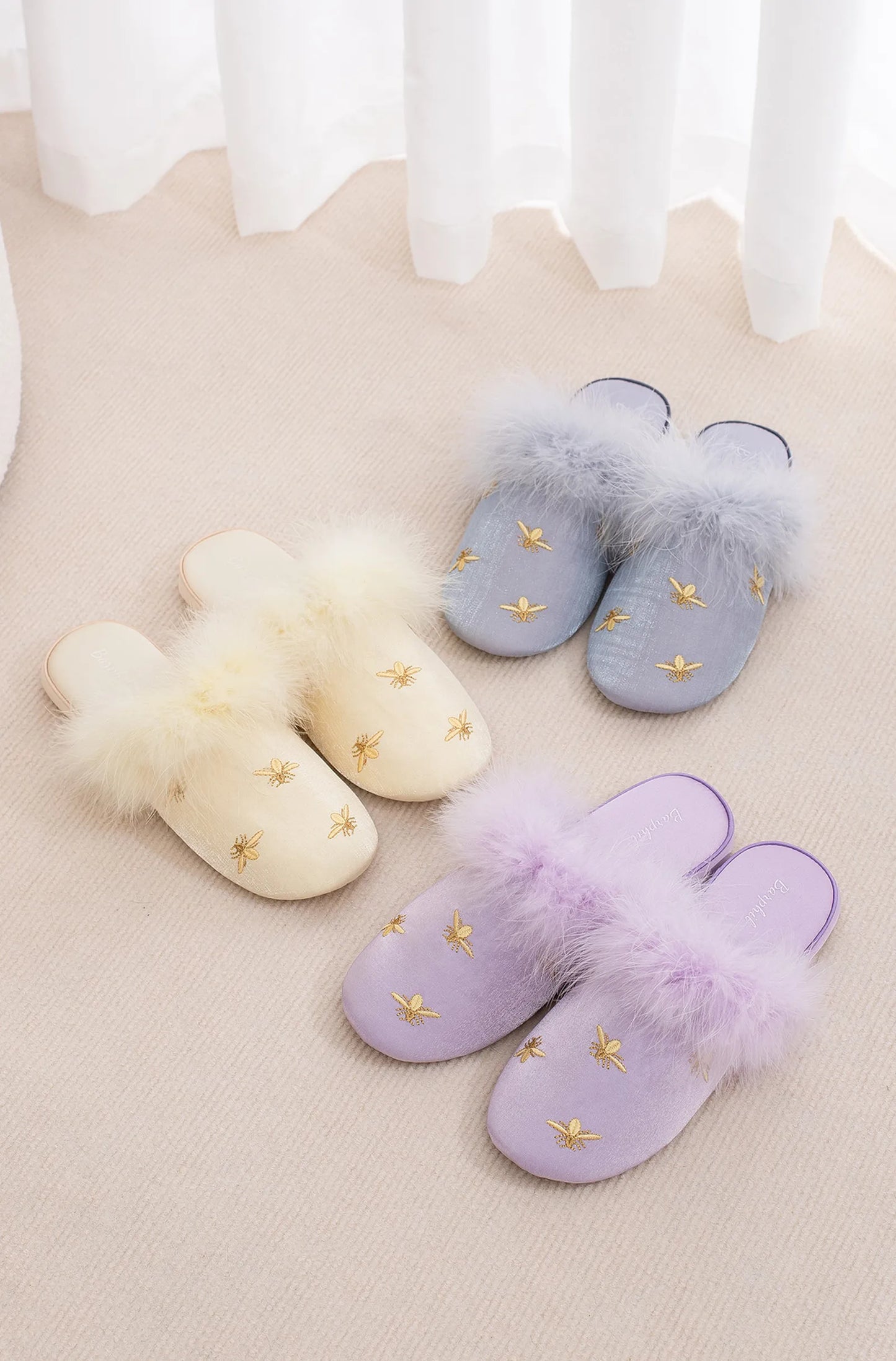 Fluffy Embroidered Bee Satin House Slippers