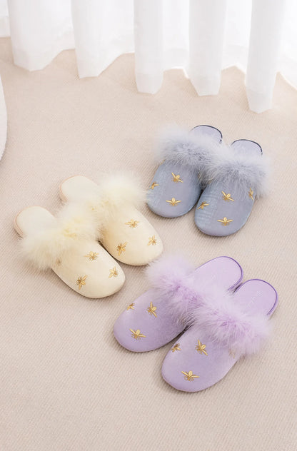 Fluffy Embroidered Bee Satin House Slippers