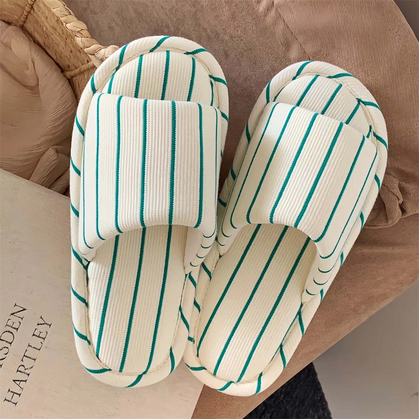 Soft Ribbed Striped Cotton House Slippers