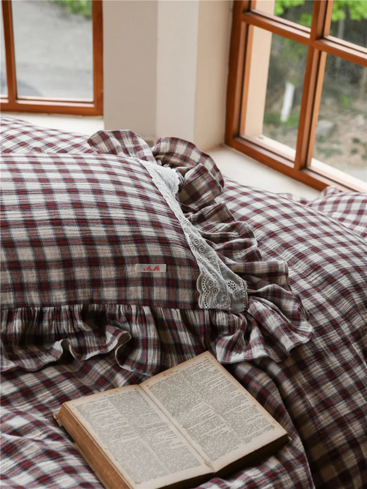 Lace Ruffle Gingham Washed Cotton Bedding Set