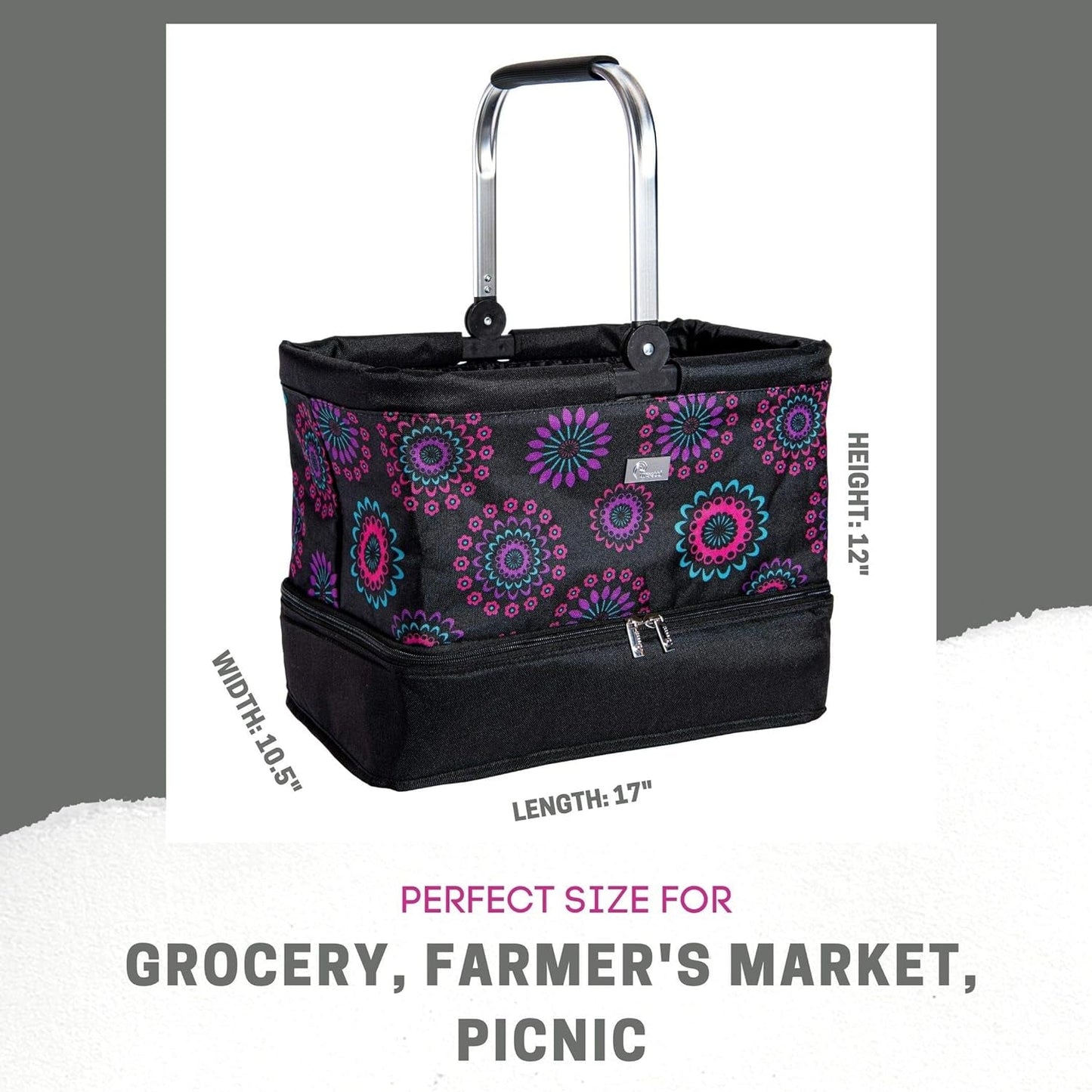 Farmers' Market Tote Carry Basket with Insulated Cooler Compartment, Metal Handle, Collapsible Design, Reusable Bag for Groceries, Picnic (Purple Circle) Lawn & Garden Patio Patio Furniture & Accessories Picnic Baskets Tables & Accessories