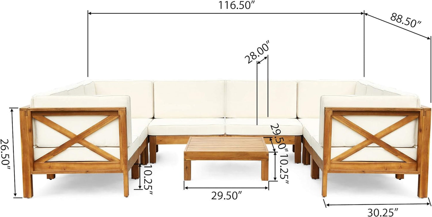 Great Deal Furniture Keith Outdoor Acacia Wood 8 Seater U-Shaped Sectional Sofa Set with Coffee Table, Teak and Beige Lawn & Garden Patio Patio Furniture & Accessories Patio Seating Sofas