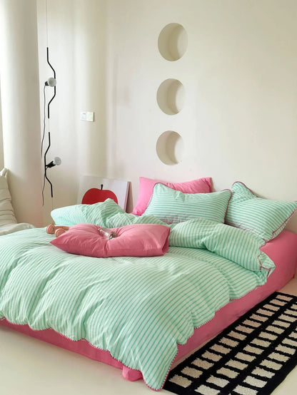 Soft Scalloped Striped Cotton Bedding Set