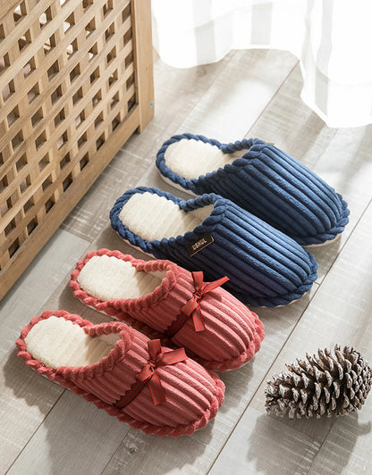 Plush Ribbed Bow Corduroy House Slippers