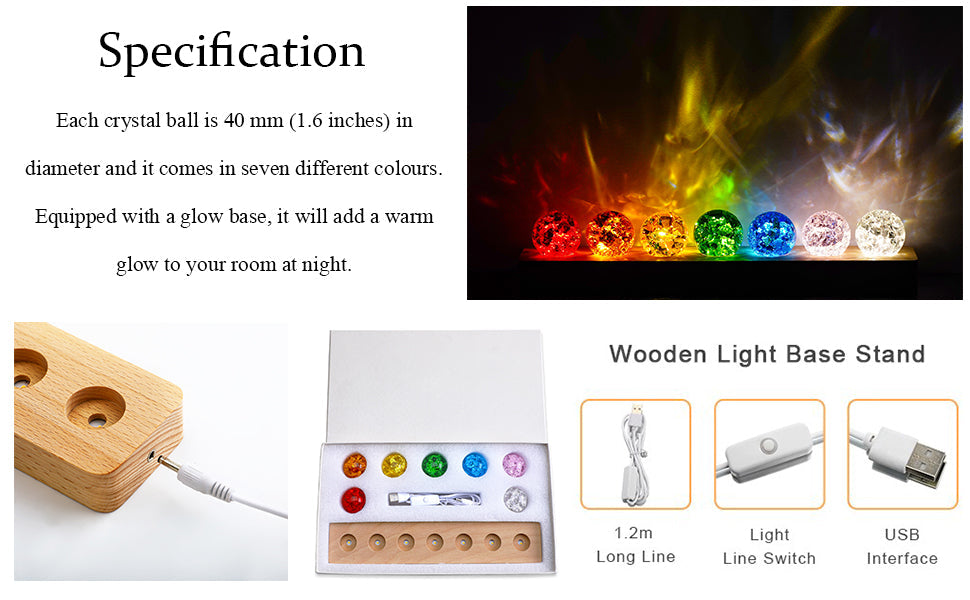 7 boules de guérison des chakras avec support en bois LED