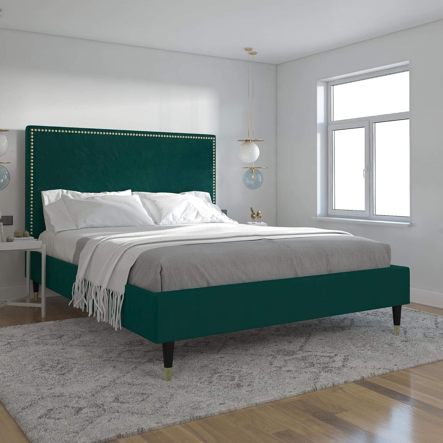 Cosmoliving by Cosmopolitan Audrey Upholstered, Emerald Green Velvet, King Size Frame Bed Bedroom Furniture Beds Frames & Bases Furniture Home & Kitchen