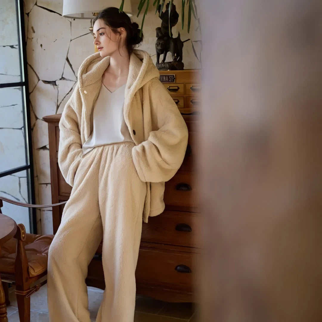 Plush Hooded Flannel Fleece Pajama Set