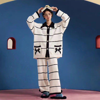 Plush Striped Fleece Pajama Set with Bow Detail
