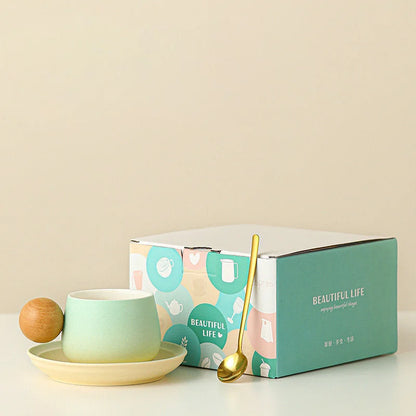 Matte Gradient Ceramic Mug Set with Wooden Handle