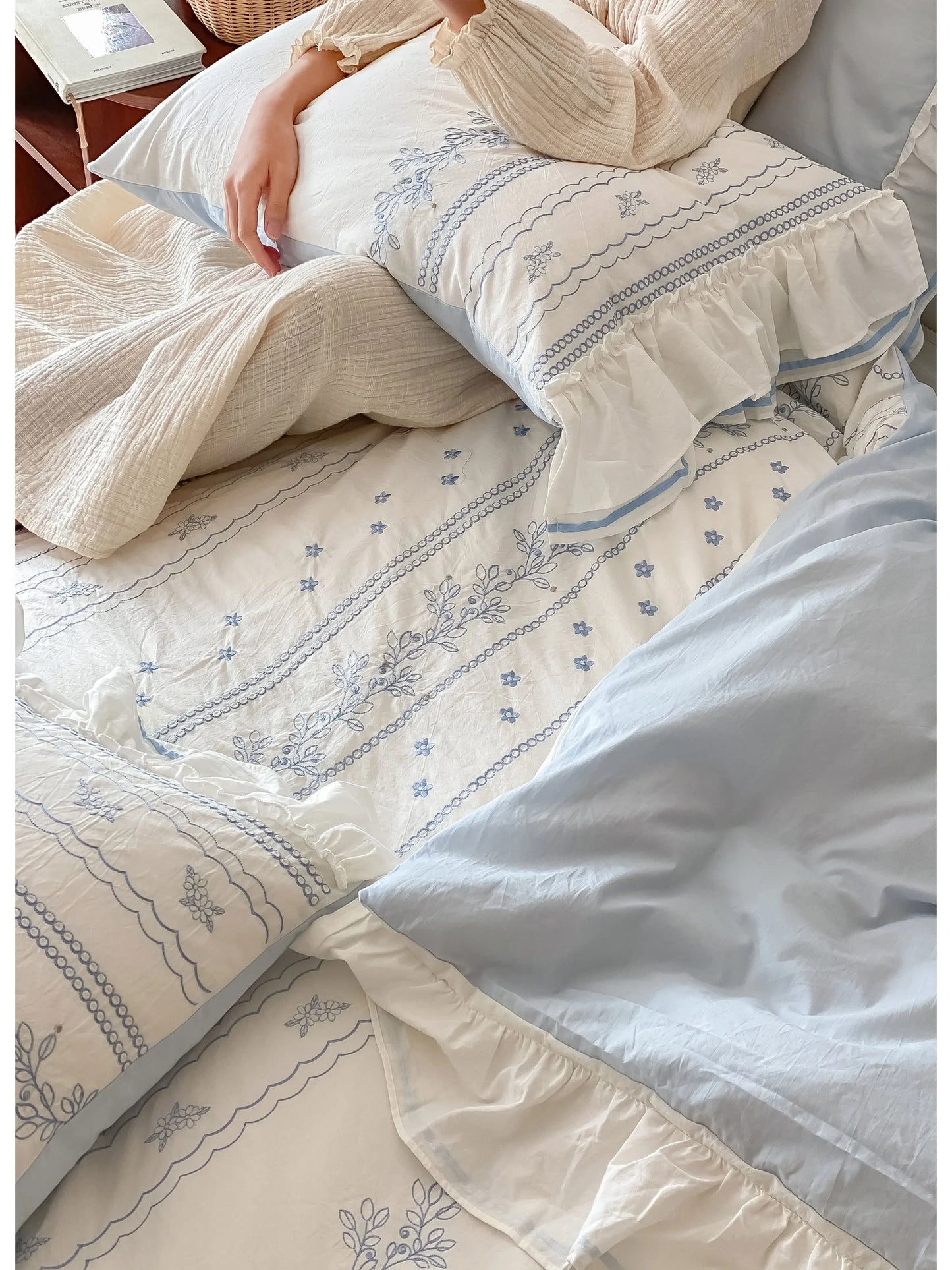Ruffled Floral Vine Embroidered Cotton Bedding Set