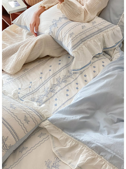 Ruffled Floral Vine Embroidered Cotton Bedding Set