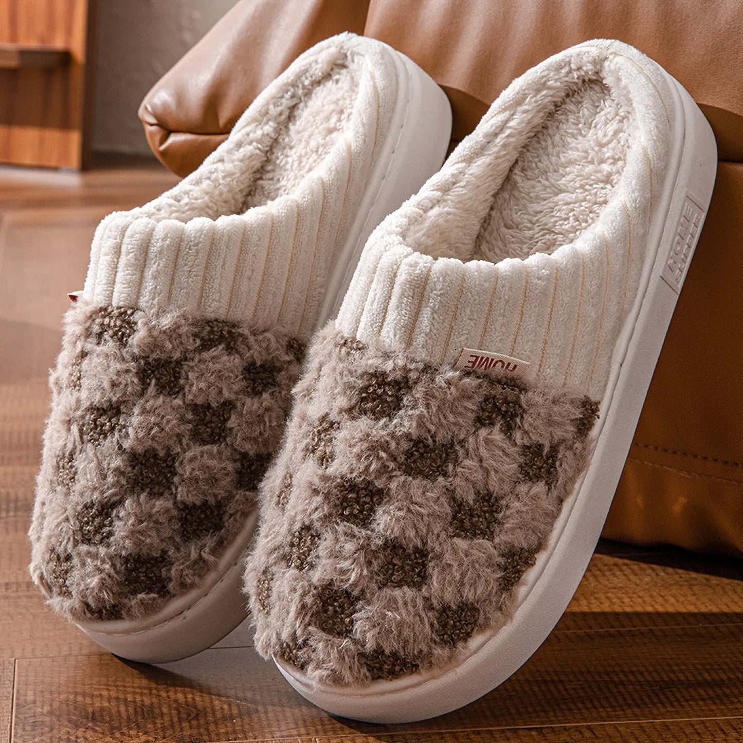 Fuzzy Checkered Plush Fleece House Slippers