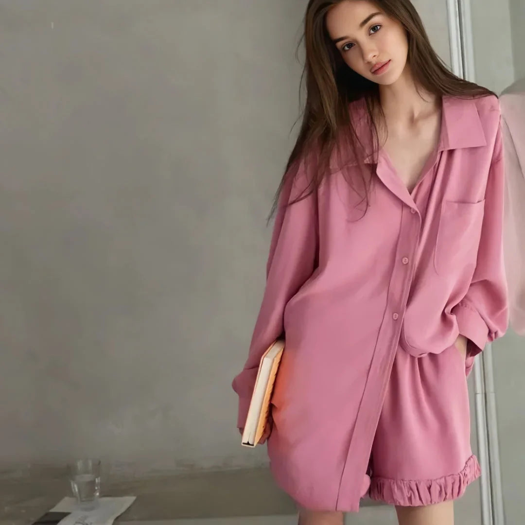 Soft Ruffle Hem Cotton Pajama Set