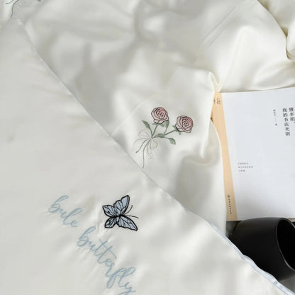 Silky Embroidered Butterfly & Rose Tencel Bedding Set